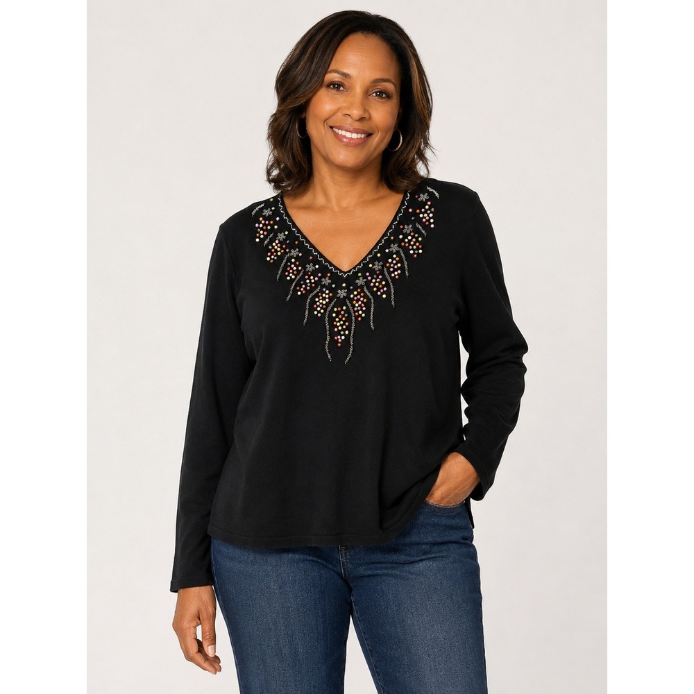 Carducci Woman Beaded V-Neck Sweater Women 2X Black Rayon Blend Long Sleeve Top